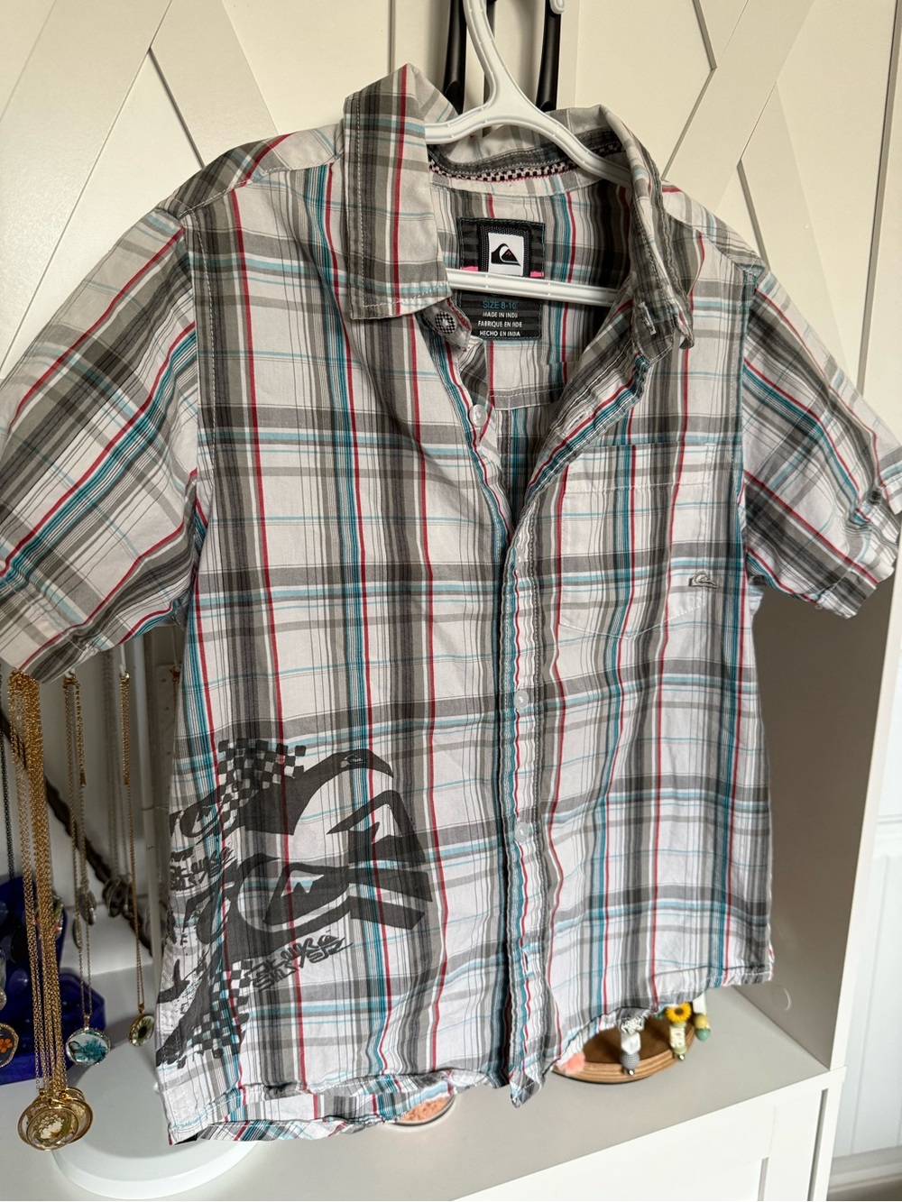Quiksilver White Plaid Button-Up Shirt with Teal & Red Stripes